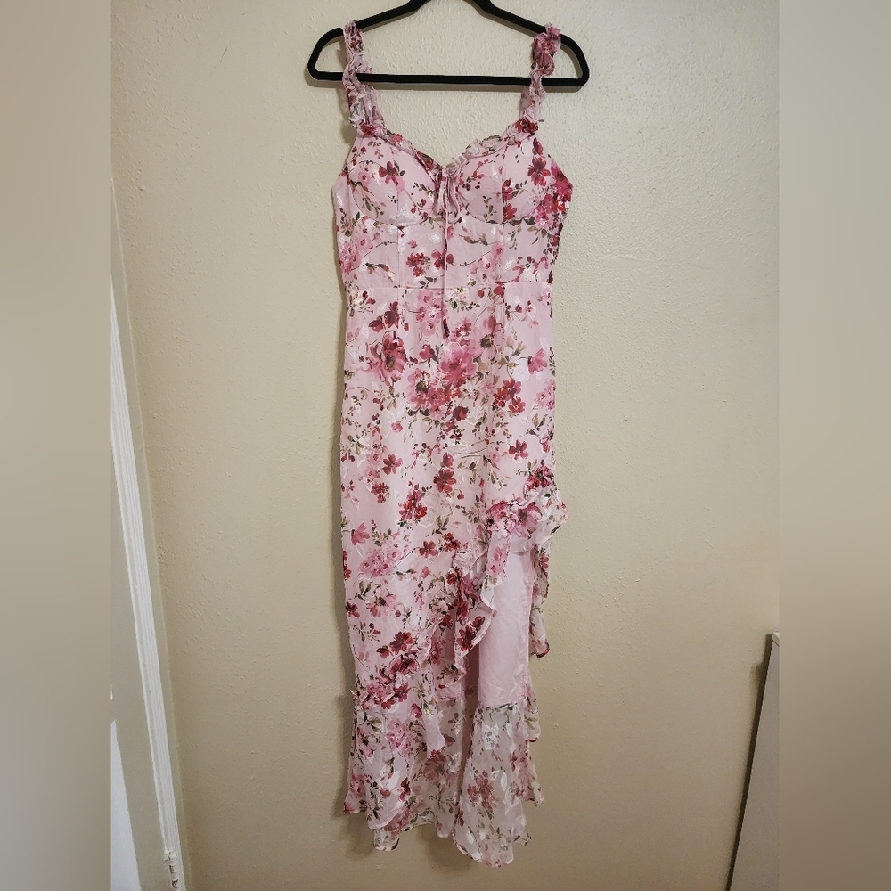 Lulus Lovable Spirit Pink Floral Burnout Ruffled High-Low Maxi Dress L Wedding - Picture 6 of 10